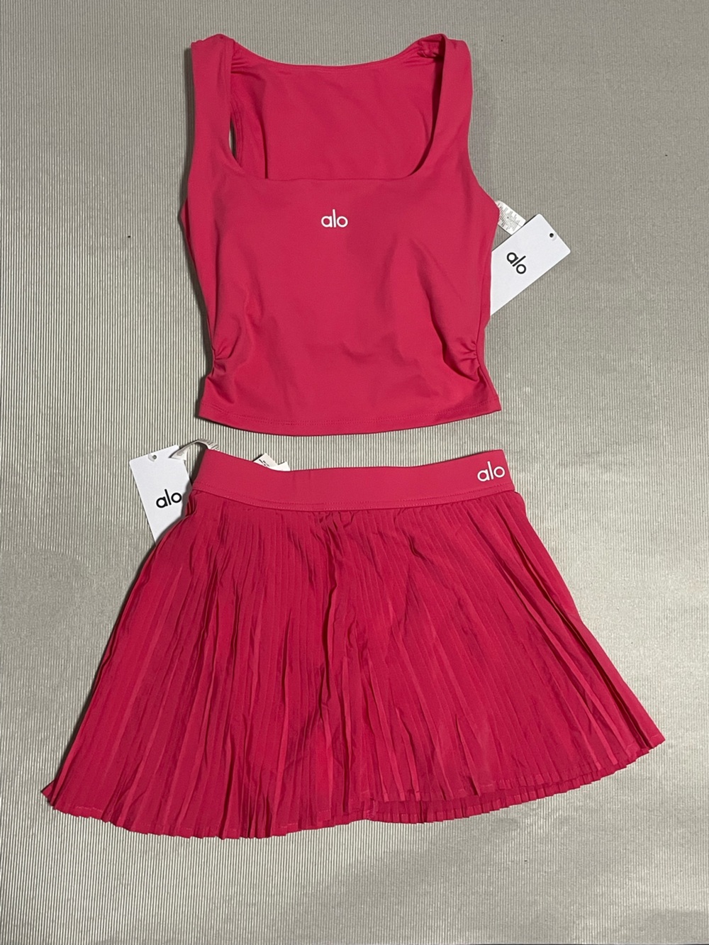 ALO Yoga Hot Pink Cropped Tank Top with Pleated Skirt Set